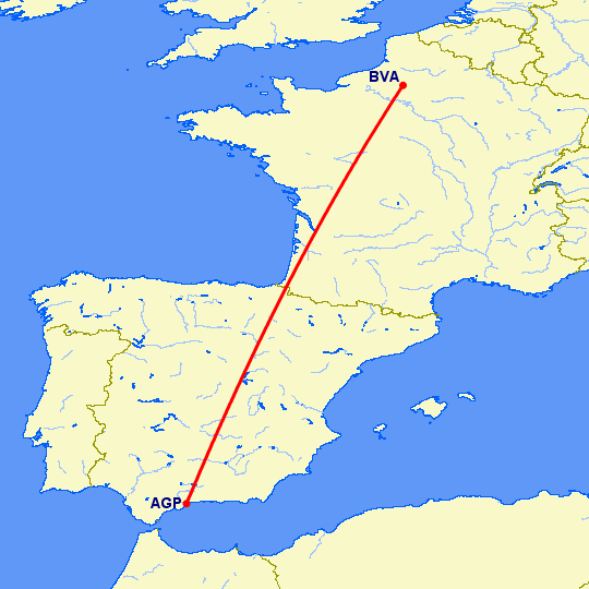 перелет Париж — Малага на карте