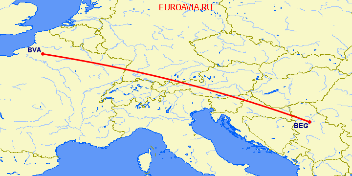перелет Париж — Белград на карте
