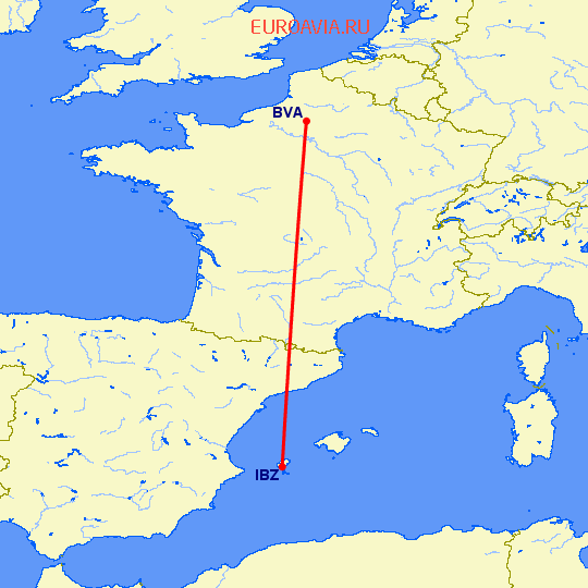 перелет Париж — Ибица на карте