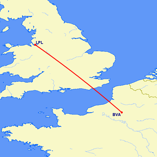 перелет Париж — Ливерпуль на карте