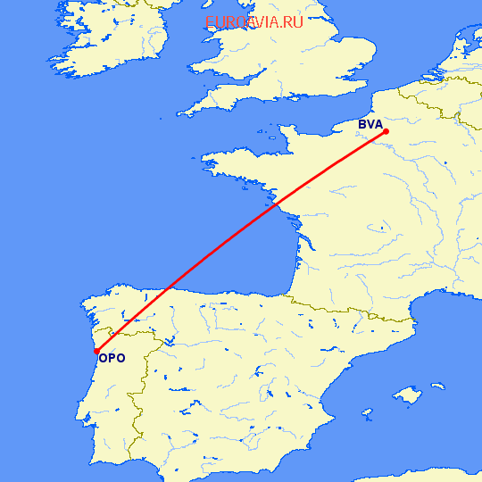 перелет Париж — Порту на карте