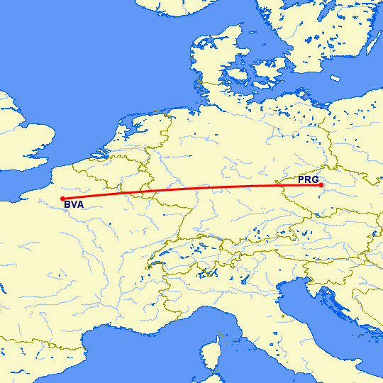 перелет Париж — Прага на карте