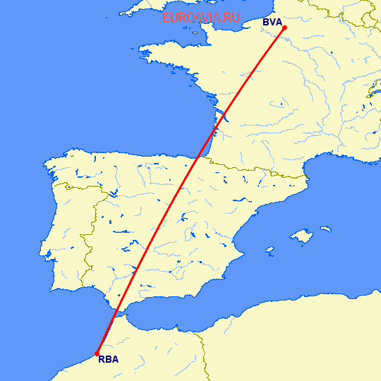 перелет Париж — Рабат на карте