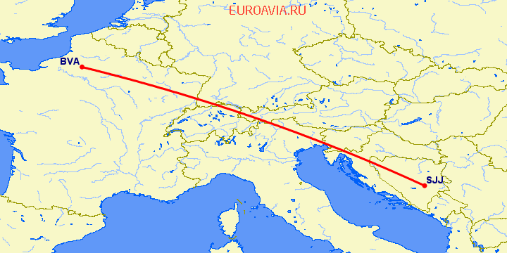 перелет Париж — Сараево на карте