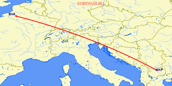 перелет Париж — Скопье на карте