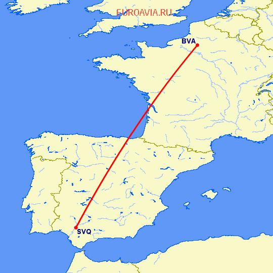 перелет Париж — Севилья на карте