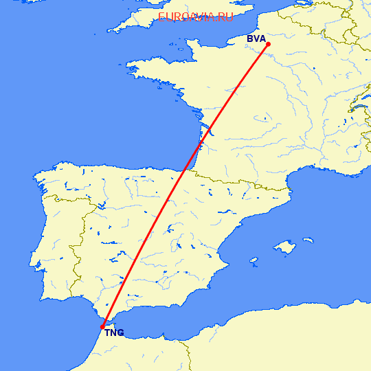 перелет Париж — Танжер на карте