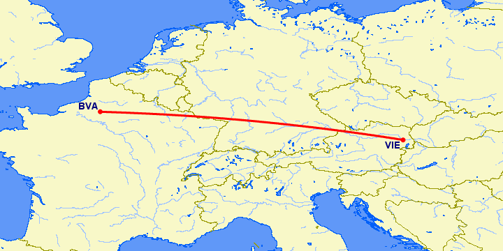 перелет Париж — Вена на карте