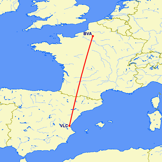 перелет Париж — Валенсия на карте