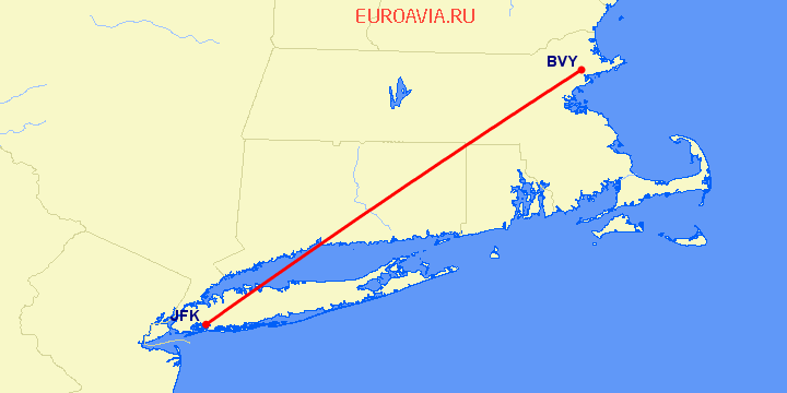 перелет Beverly — Нью Йорк на карте