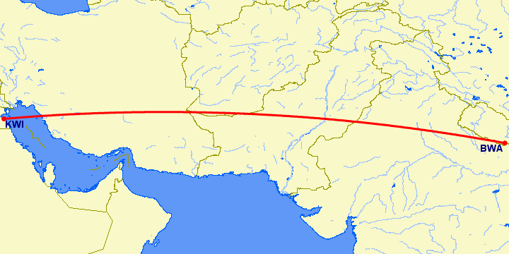 перелет Бхайрава — Кувейт на карте