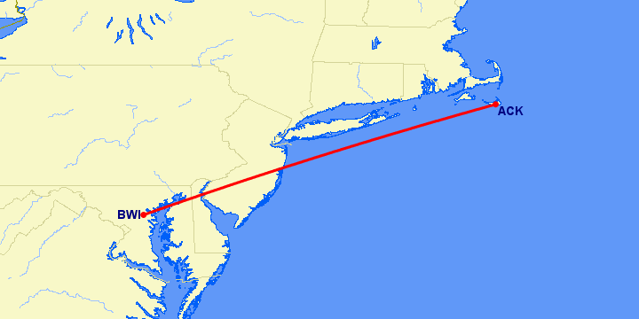 перелет Балтимор — Нантакет на карте
