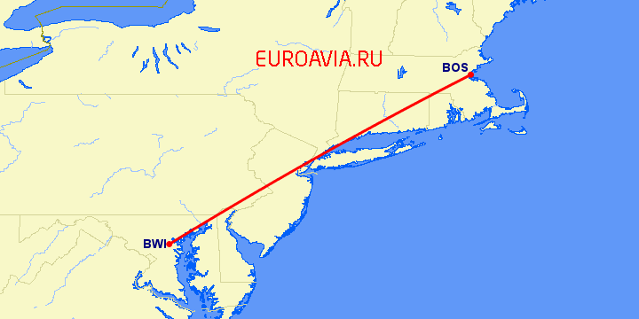 перелет Балтимор — Бостон на карте