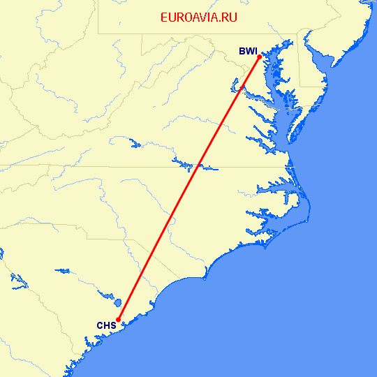 перелет Балтимор — Чарльстон на карте
