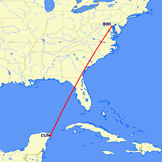 перелет Балтимор — Канкун на карте