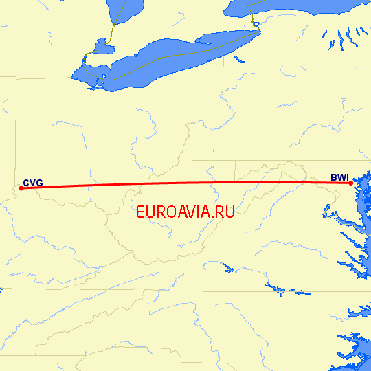 перелет Балтимор — Кавингтон на карте