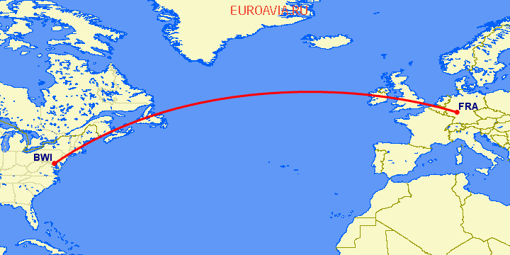 перелет Балтимор — Франкфурт на Майне на карте