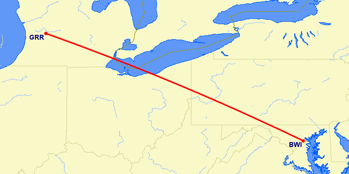 перелет Балтимор — Гранд Рапидс на карте