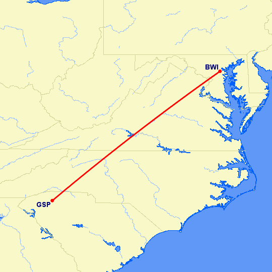 перелет Балтимор — Greenville на карте