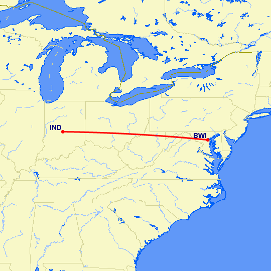 перелет Балтимор — Индианаполис на карте