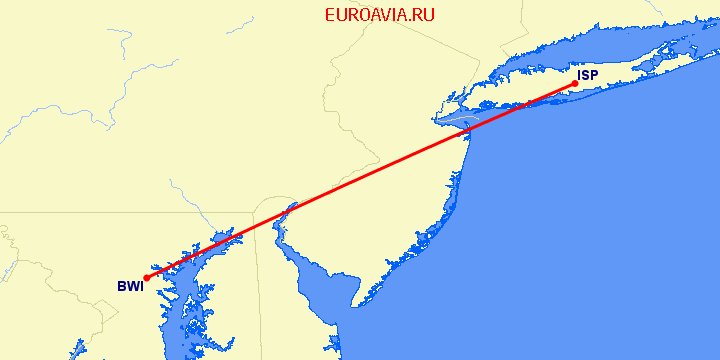 перелет Балтимор — Islip на карте
