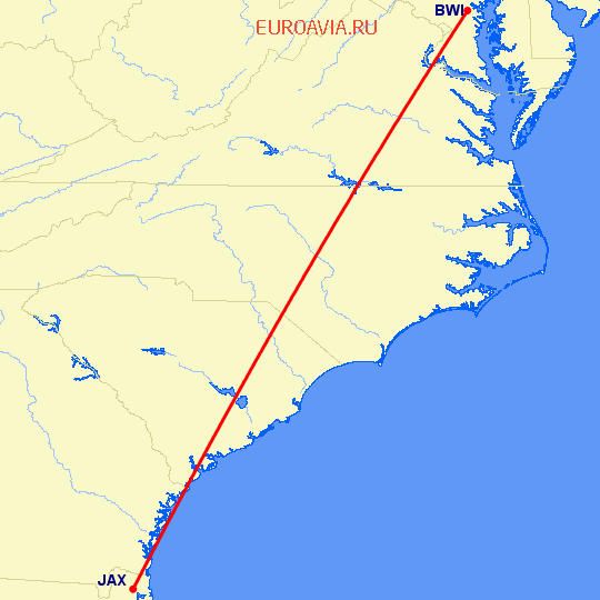 перелет Балтимор — Джексонвиль на карте