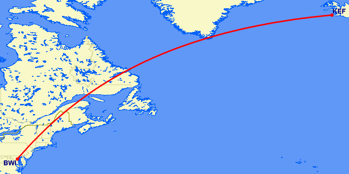 перелет Балтимор — Рейкьявик на карте