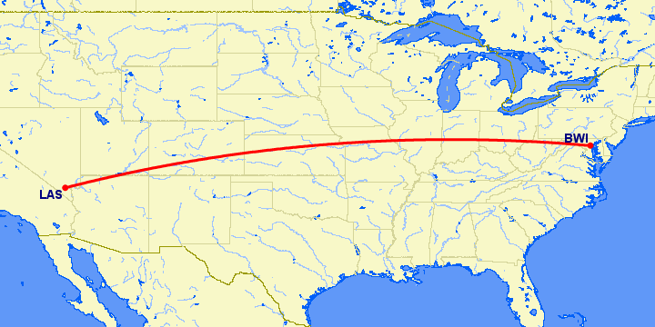 перелет Балтимор — Лас Вегас на карте