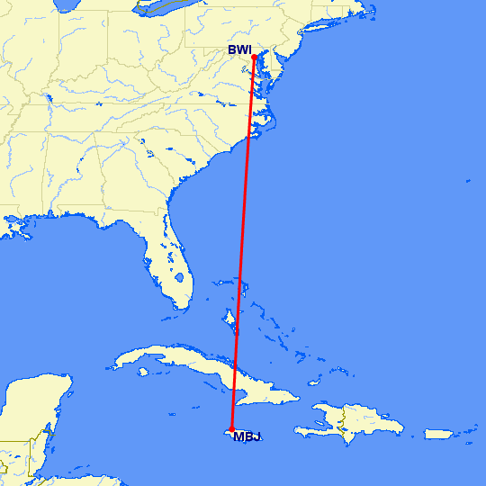 перелет Балтимор — Монтего Бей на карте