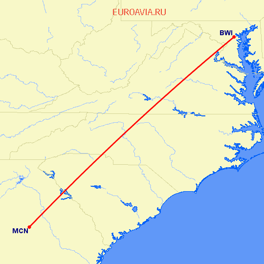 перелет Балтимор — Макон на карте