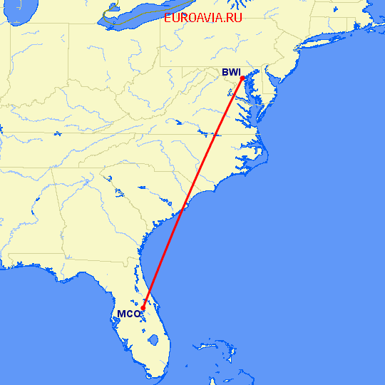 перелет Балтимор — Орландо на карте