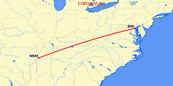 перелет Балтимор — Мемфис на карте