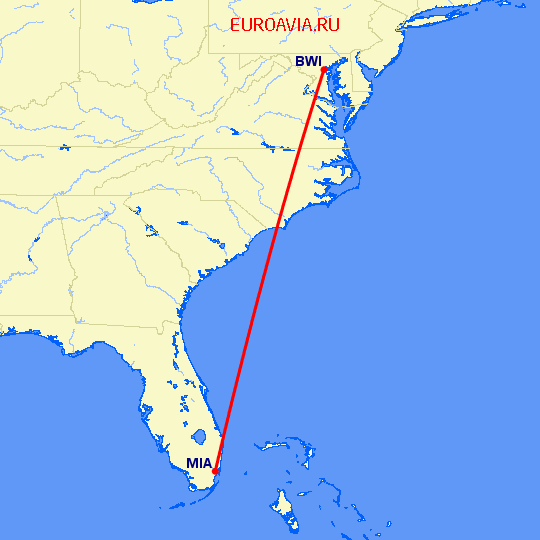 перелет Балтимор — Майами на карте