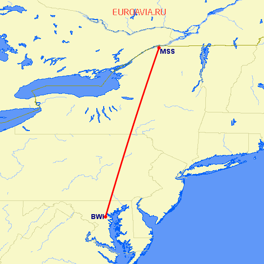 перелет Балтимор — Massena на карте