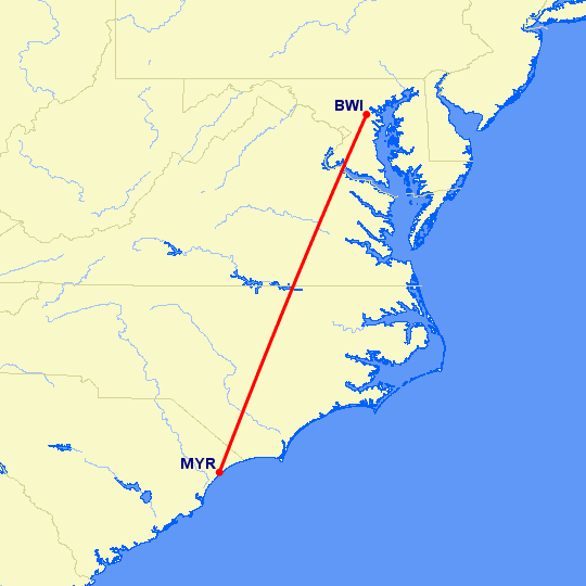перелет Балтимор — Миртл Бич на карте