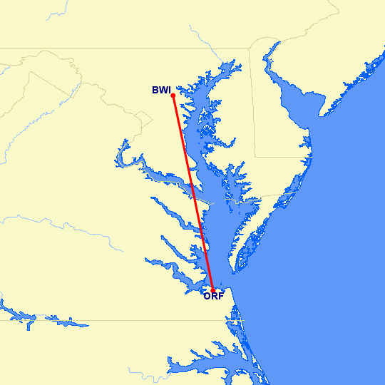 перелет Балтимор — Норфолк на карте