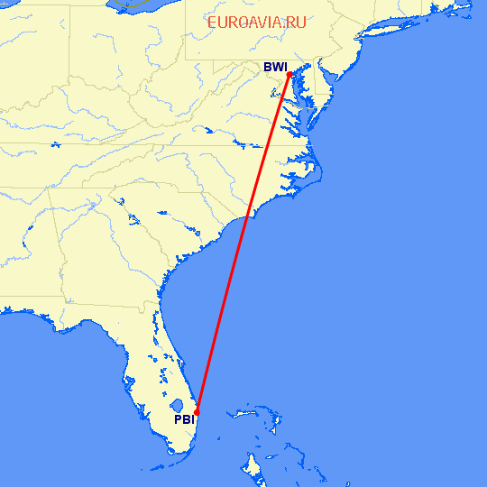 перелет Балтимор — Уэст Палм Бич на карте