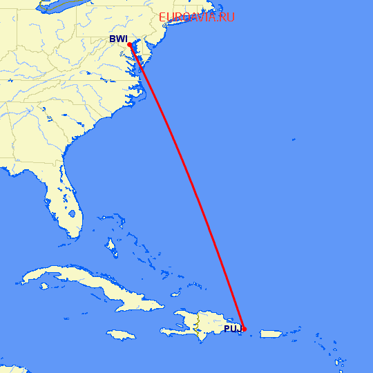 перелет Балтимор — Пунта Кана на карте