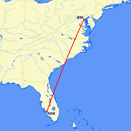 перелет Балтимор — Форт Майерс на карте