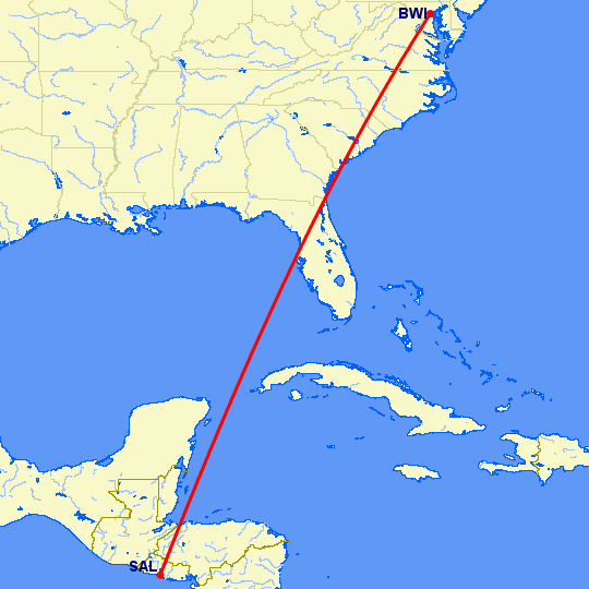 перелет Балтимор — Сан Сальвадор на карте