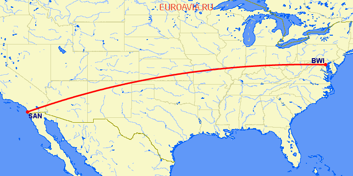 перелет Балтимор — Сан Диего на карте