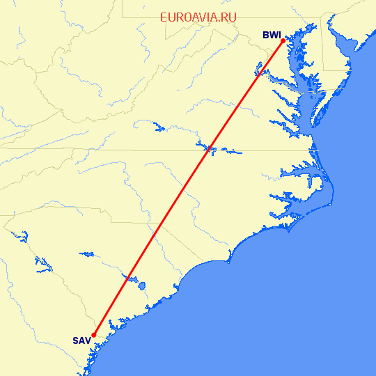 перелет Балтимор — Саванна на карте