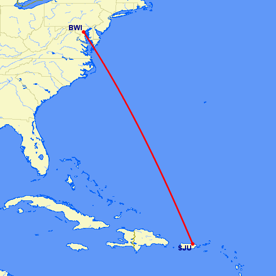 перелет Балтимор — Сан Хуан на карте