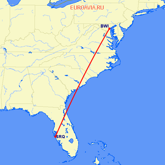 перелет Балтимор — Сарасота на карте