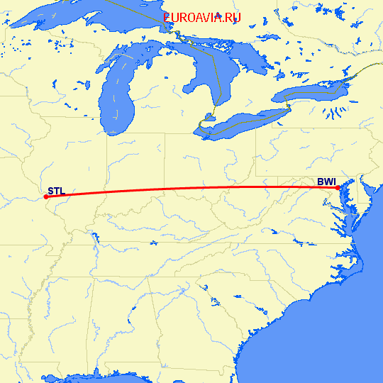перелет Балтимор — Сент Луис на карте