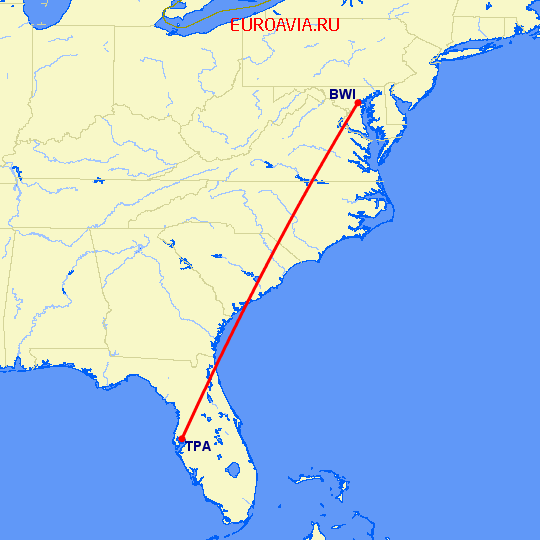 перелет Балтимор — Тампа на карте