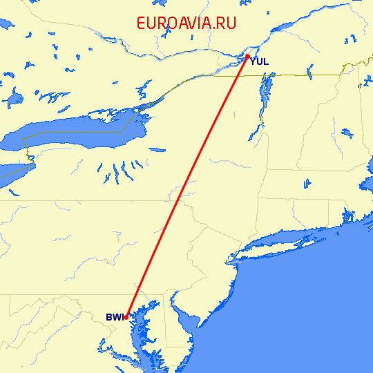 перелет Балтимор — Монреаль на карте