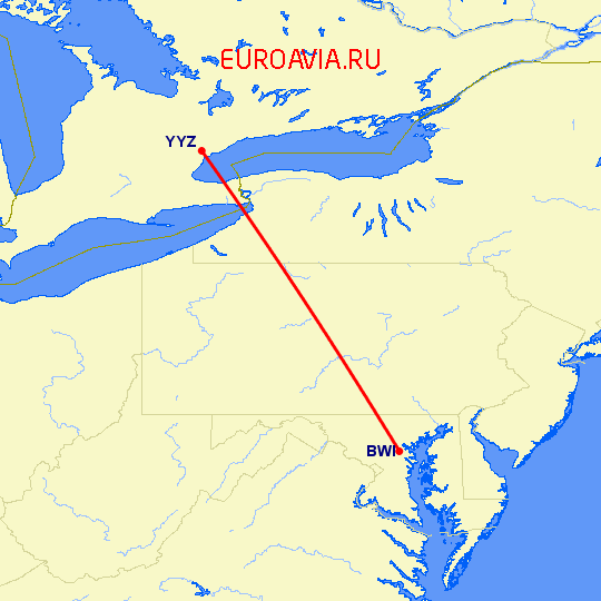 перелет Балтимор — Торонто на карте