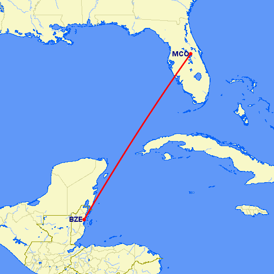 перелет Белиз Сити — Орландо на карте