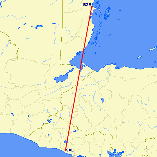перелет Белиз Сити — Сан Сальвадор на карте